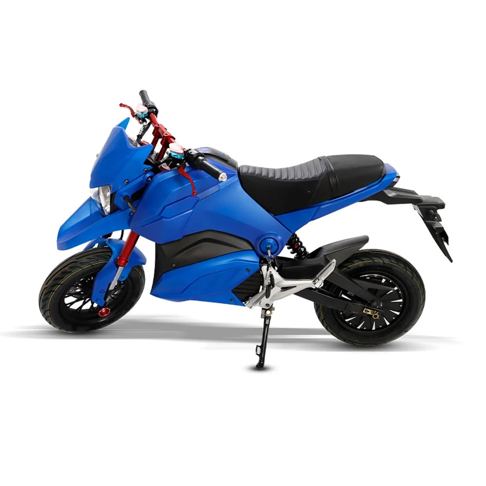 Blue and black toy motorcycle on a white background