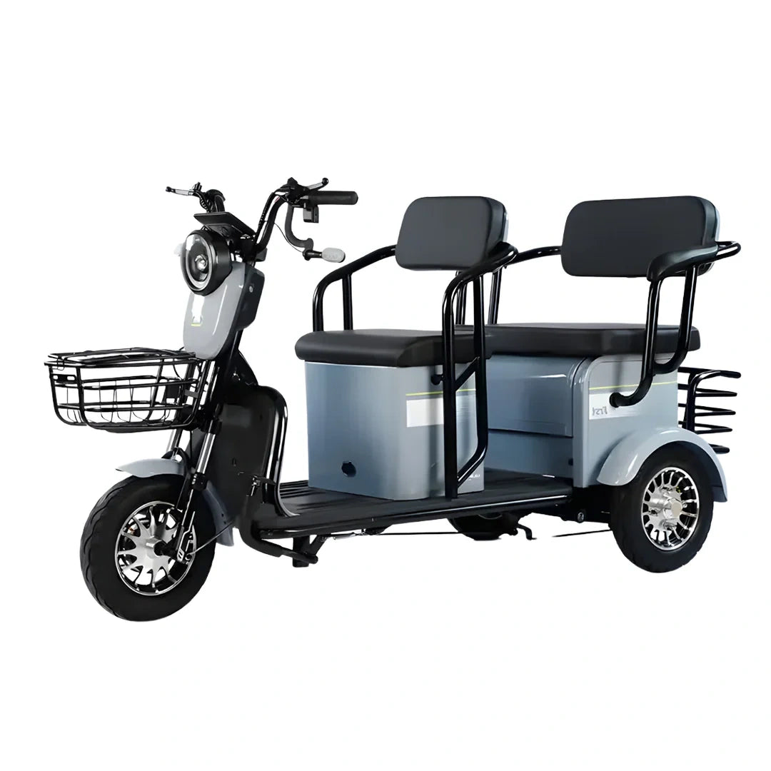 Gray electric tricycle with two seats and a basket on a white background