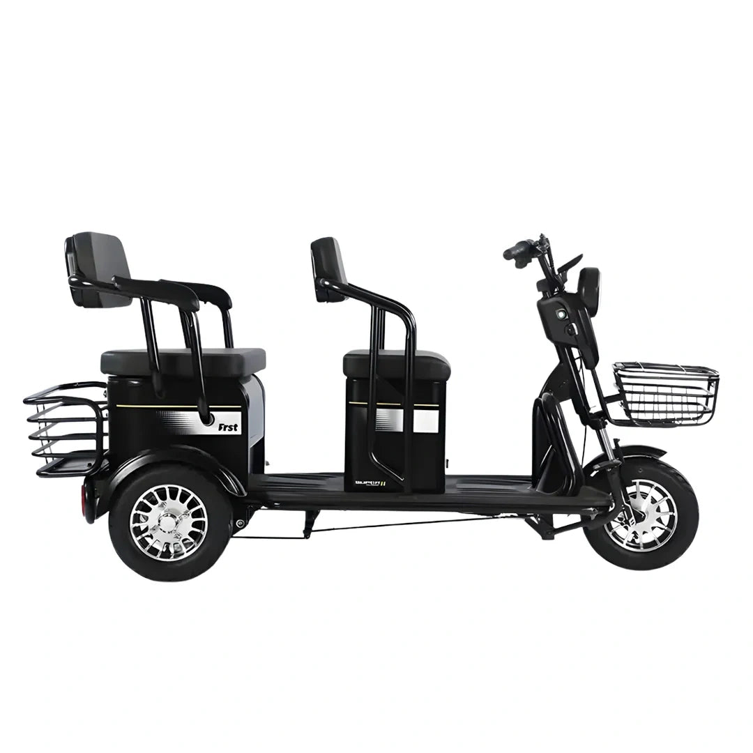 Black electric rickshaw with two seats on a white background