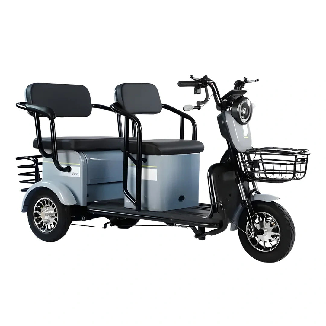 Electric tricycle with two seats on a white background