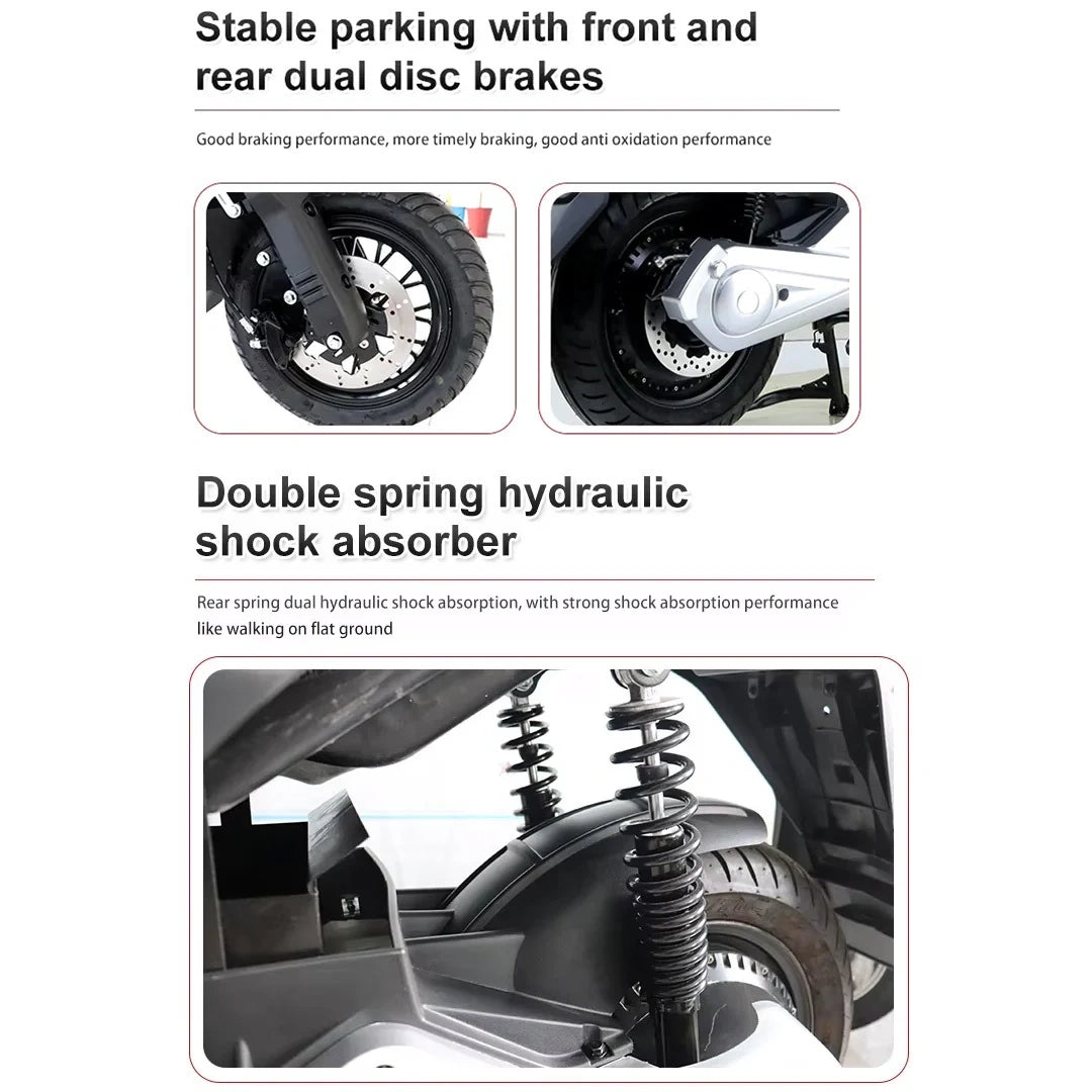 Technical details of a vehicle's braking system and suspension with text on a white background.