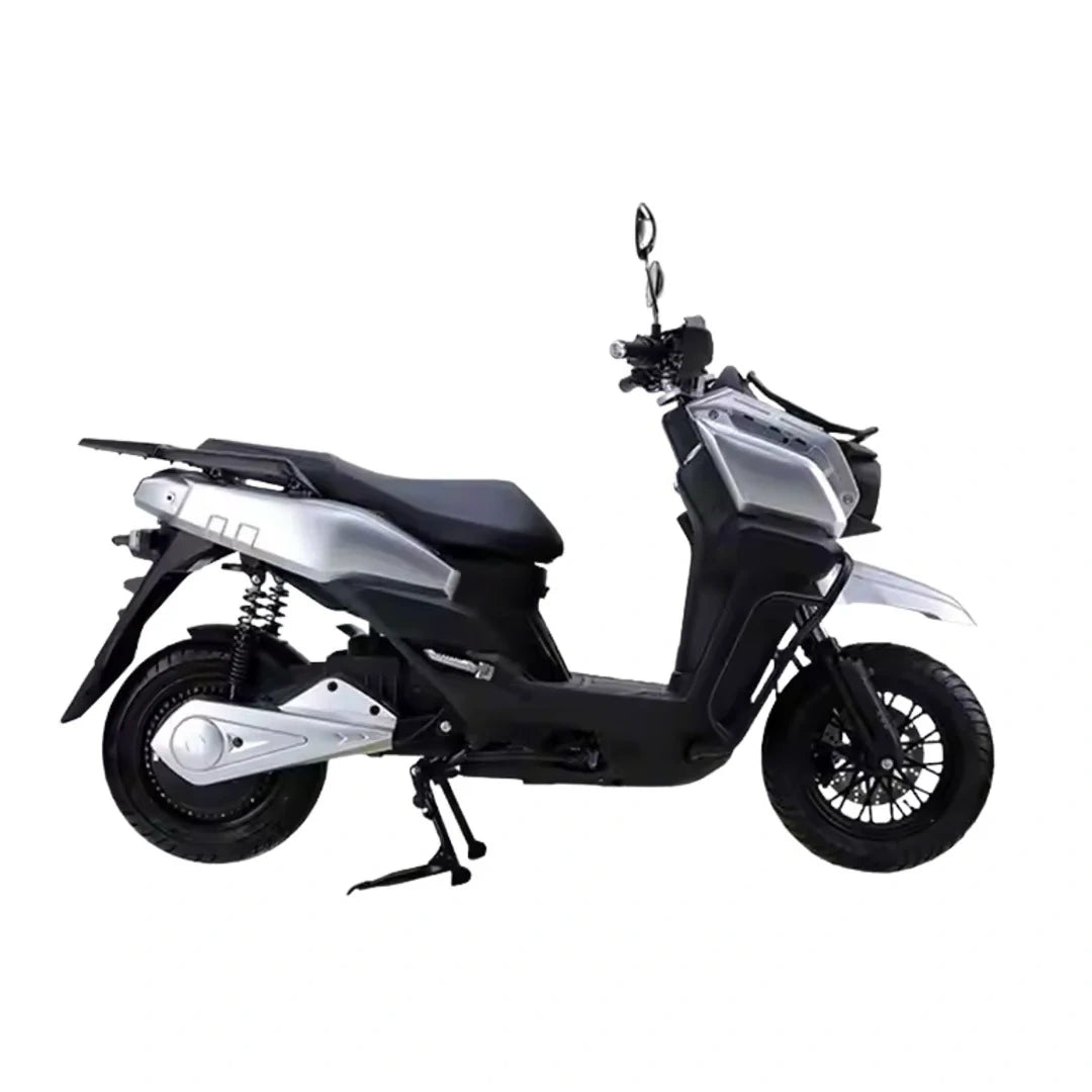 Black scooter with silver accents on a white background
