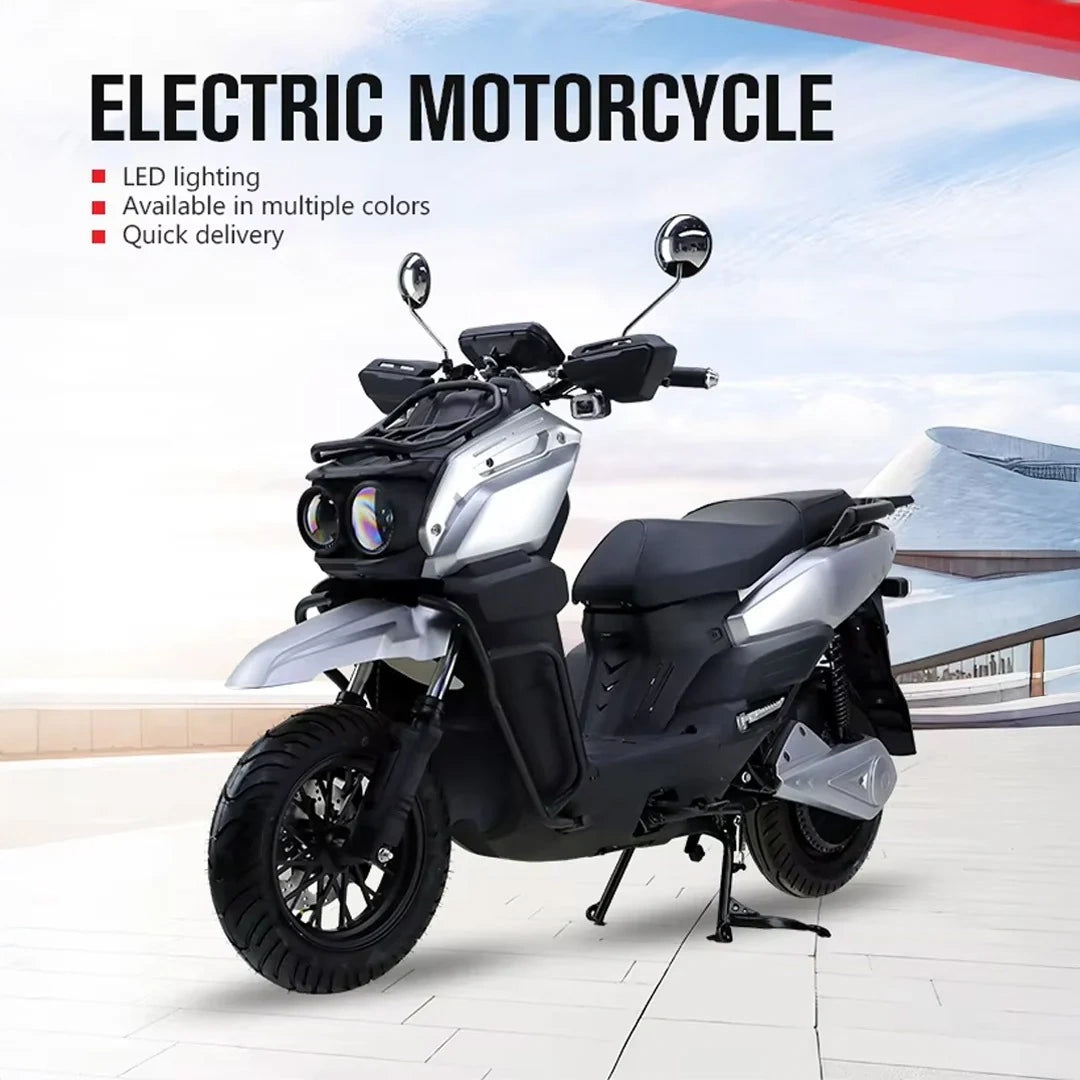 Electric motorcycle with features listed on a white background