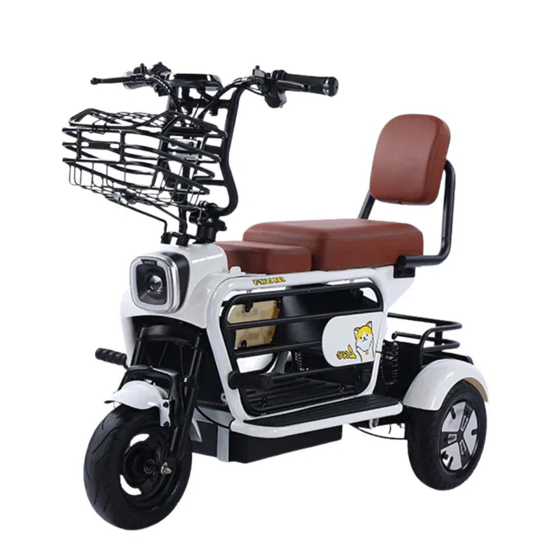 White electric tricycle with brown seat and basket on a white background
