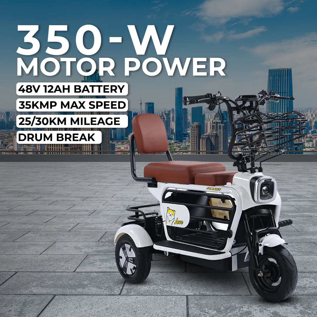 Electric scooter with specifications on a cityscape background