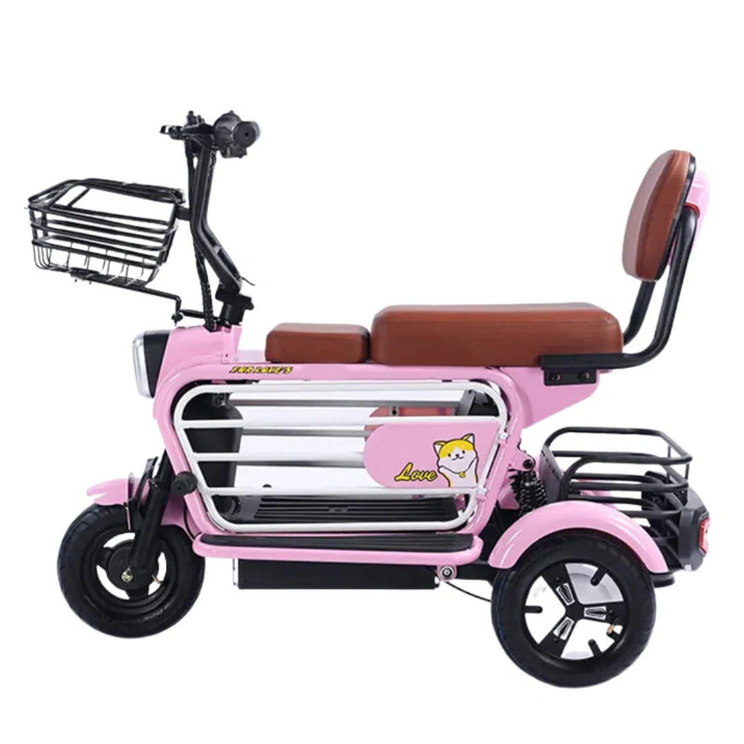 Pink electric tricycle with brown seat and basket on a white background