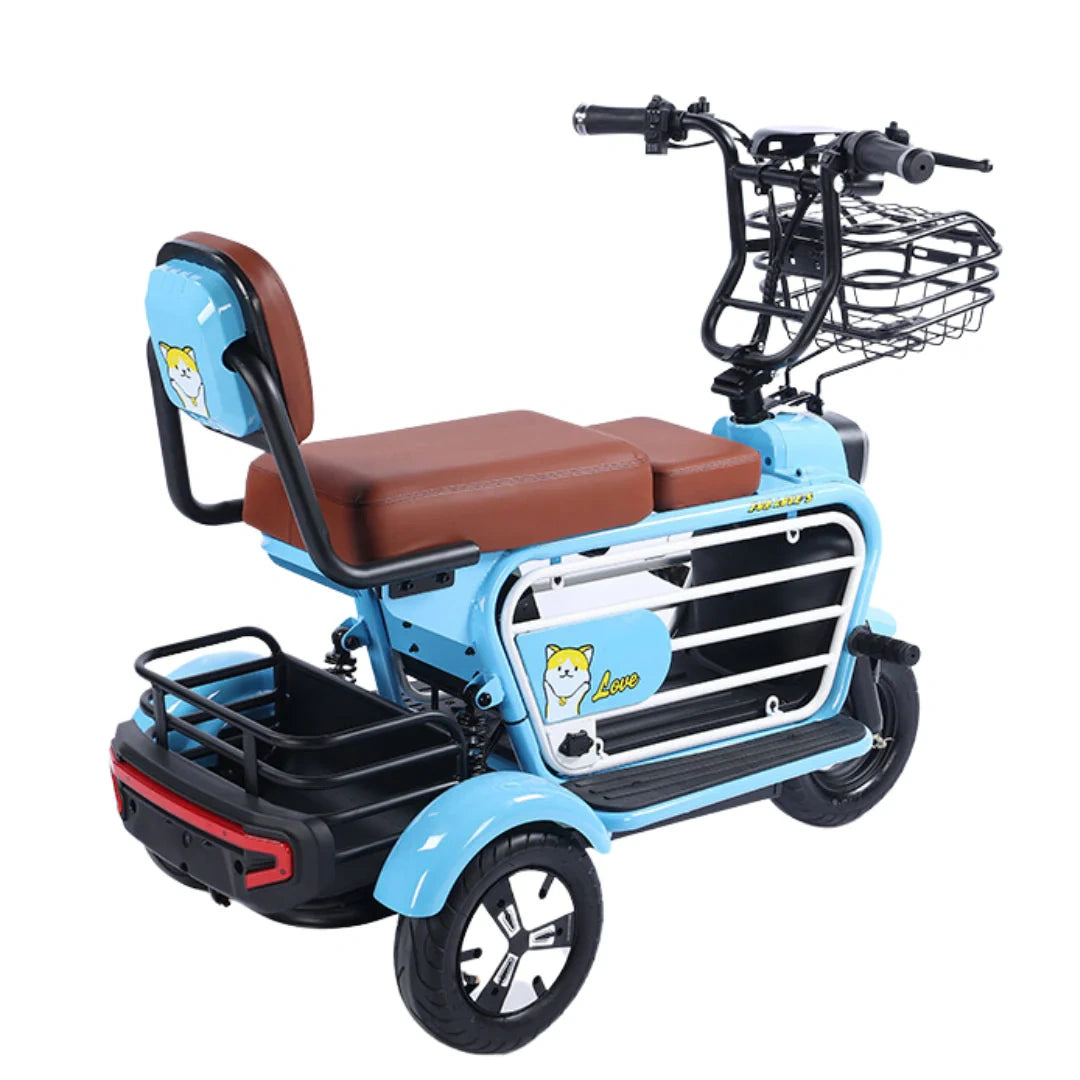 Blue electric tricycle with brown seat and front basket on a white background