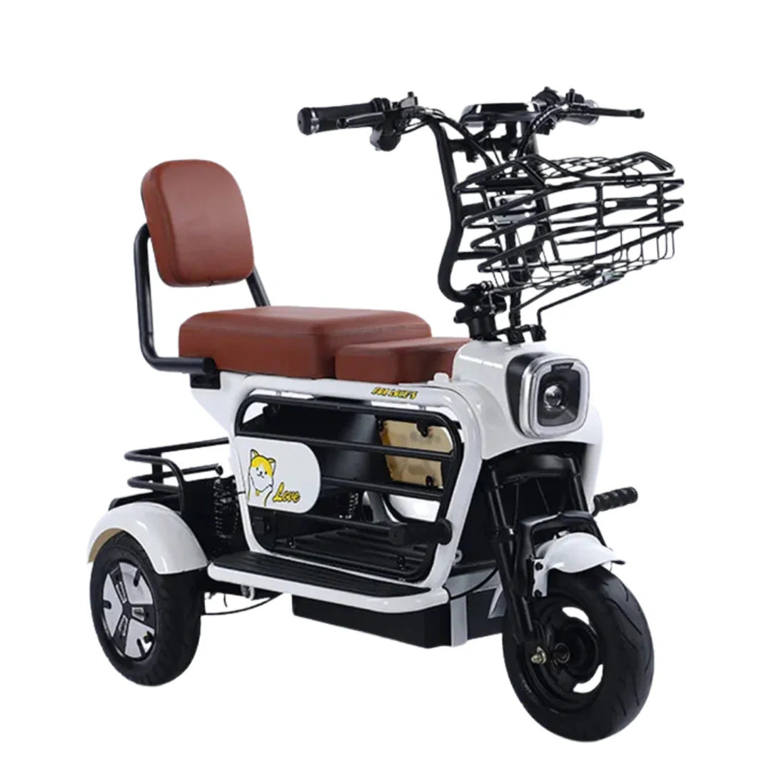 Three-wheeled electric scooter with a brown seat and basket on a white background