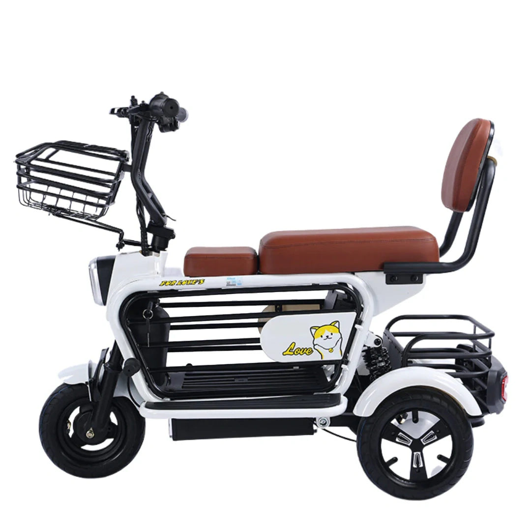 White electric tricycle with brown seat and basket on a white background