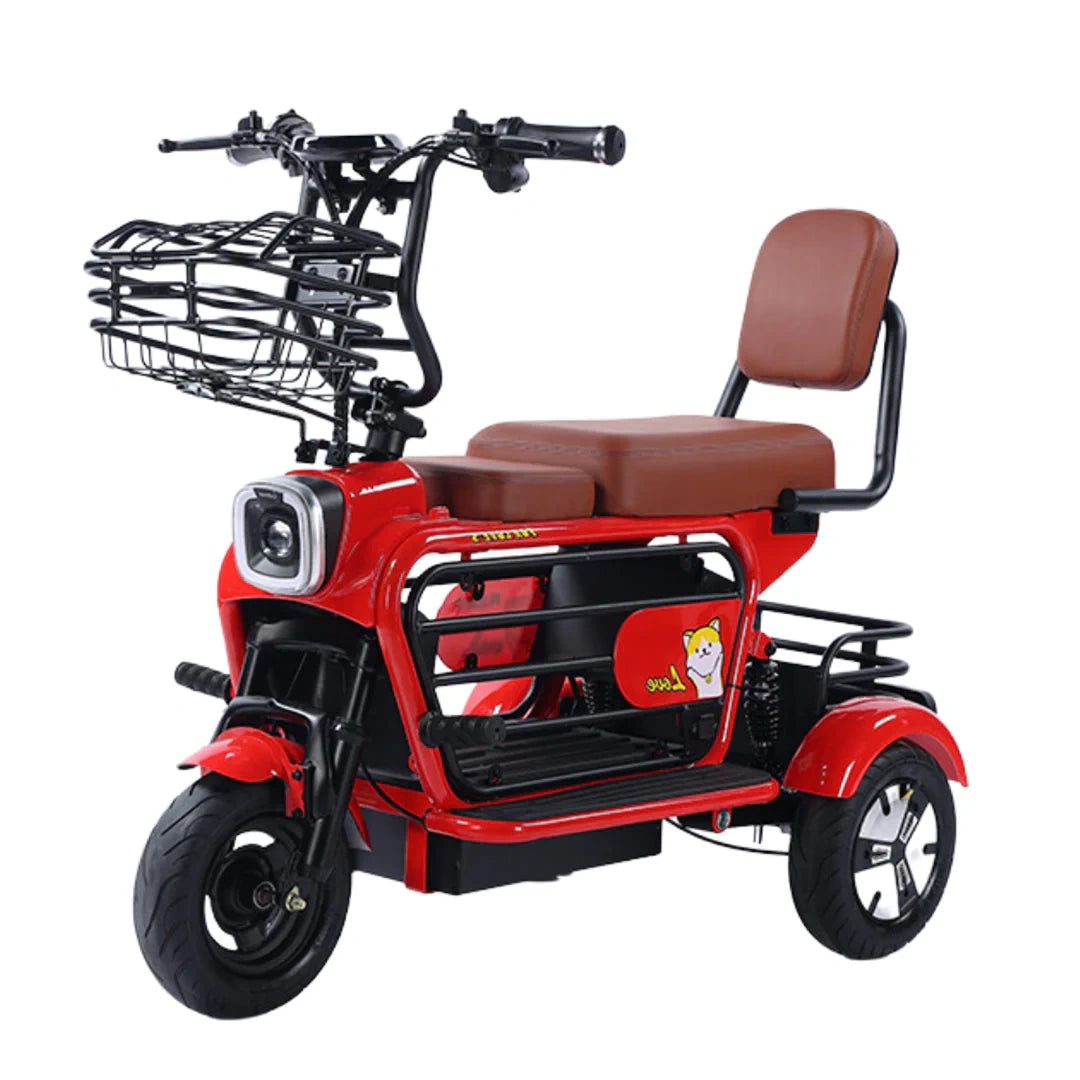 Red electric tricycle with a brown seat and basket on a white background