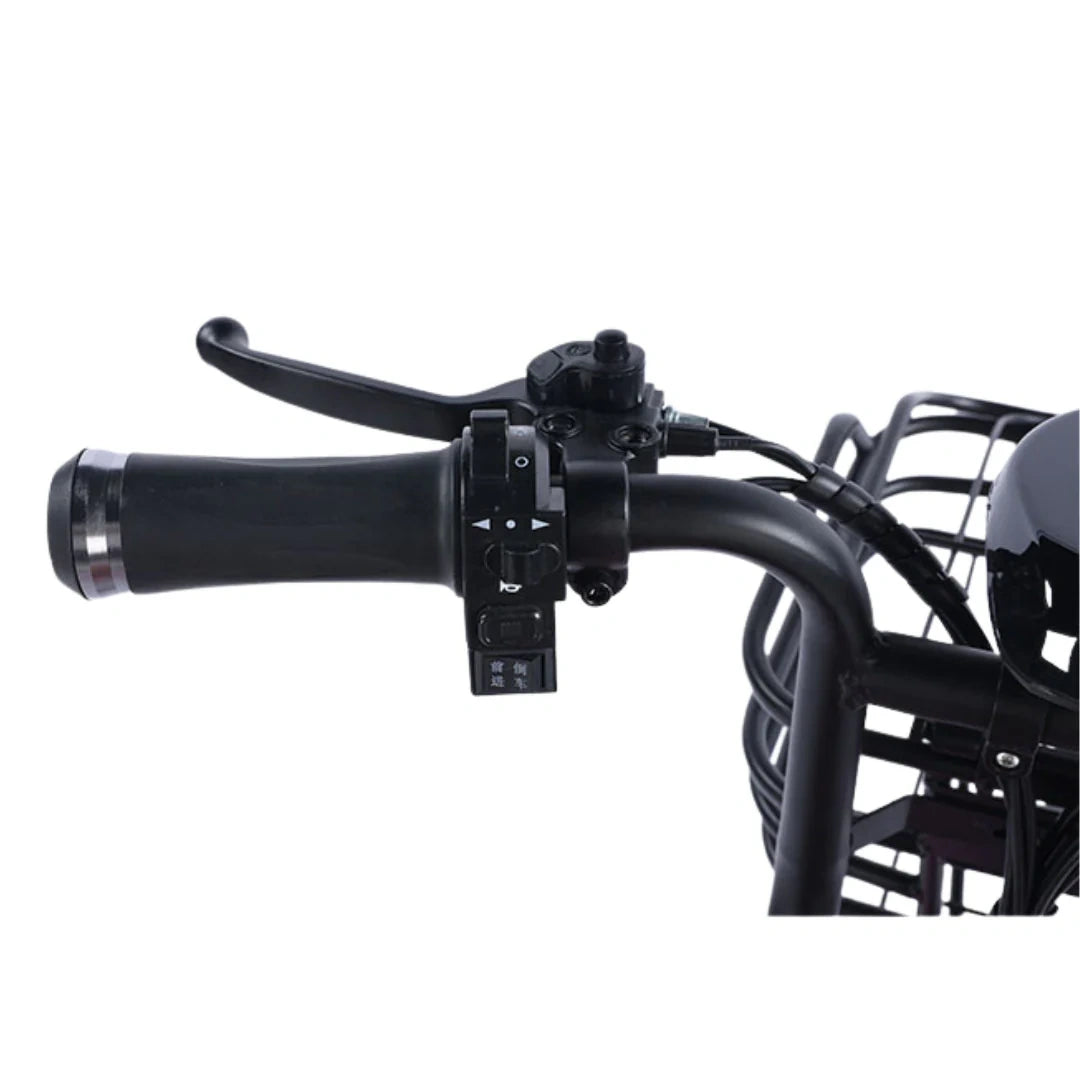 Close-up of a motorcycle handlebar with controls on a white background