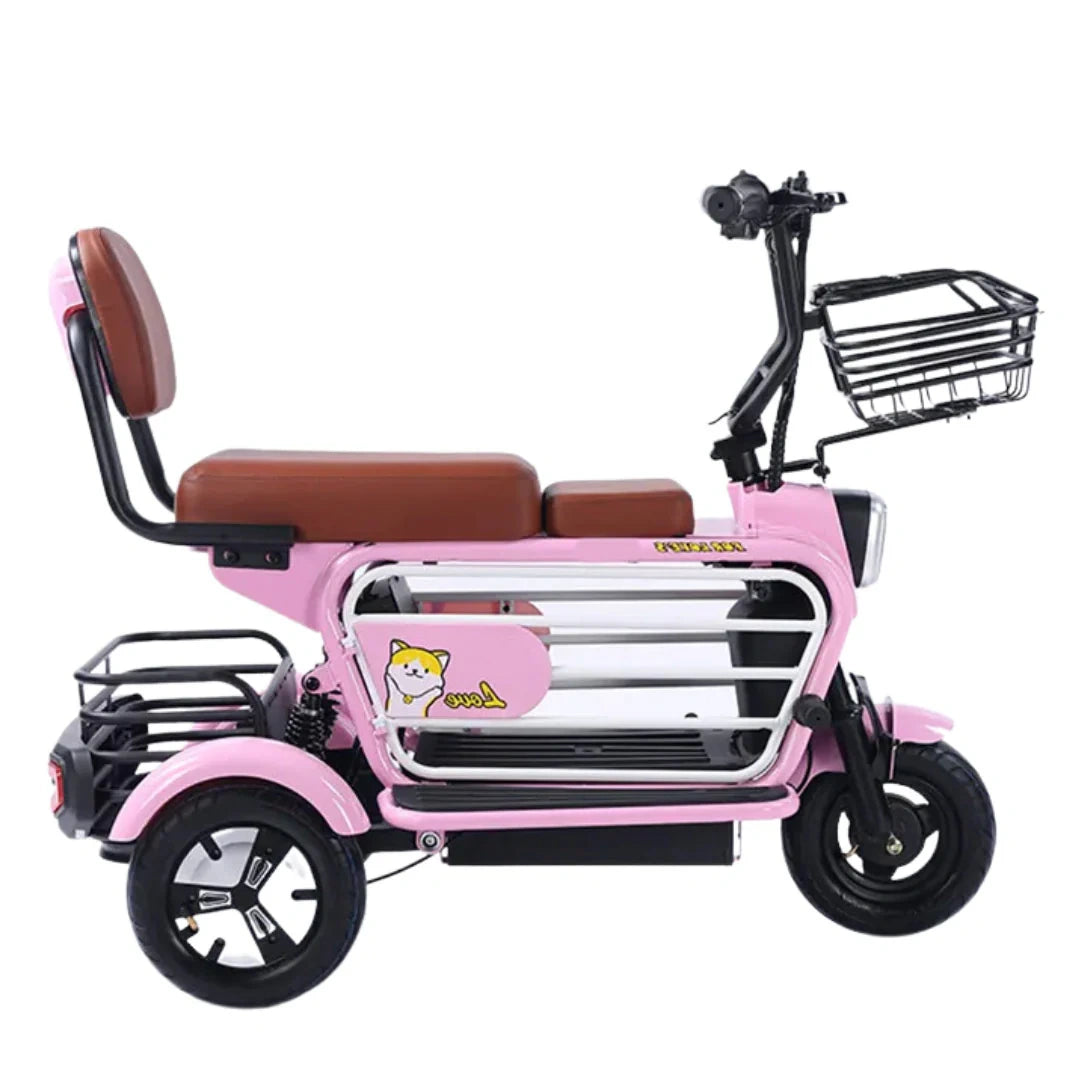 Pink electric tricycle with a brown seat on a white background
