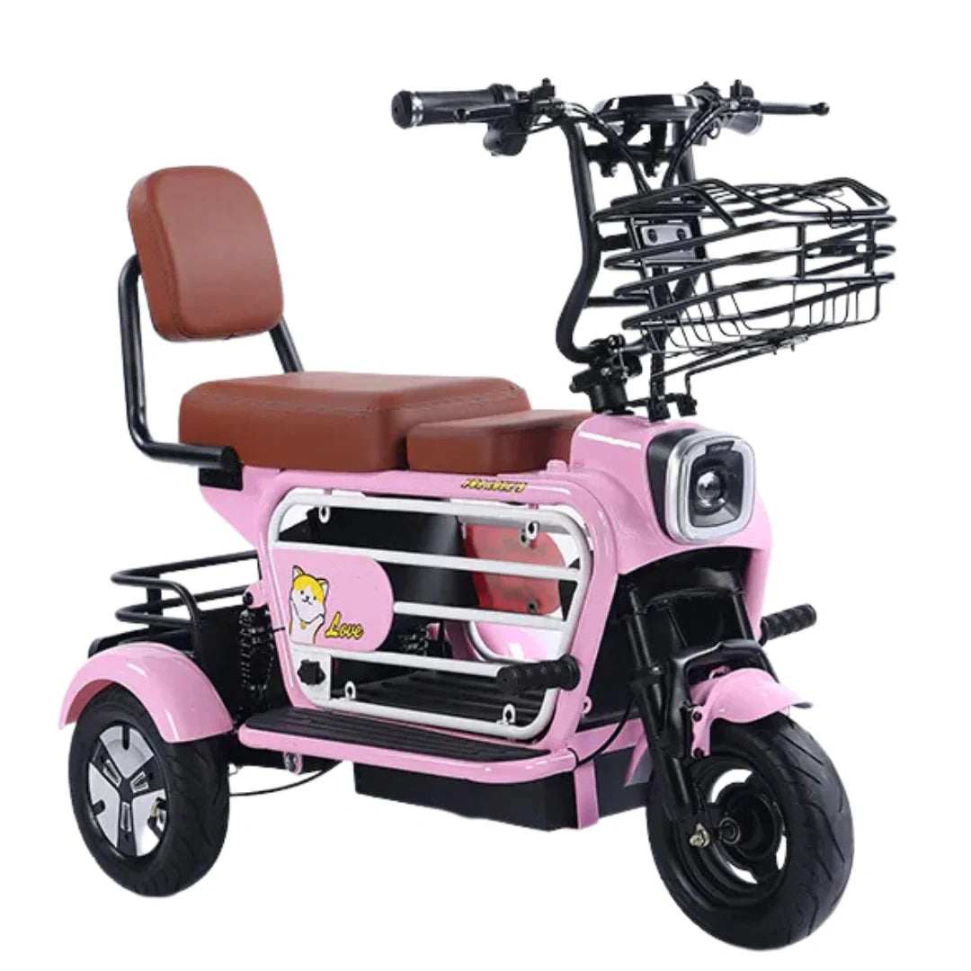 Pink electric tricycle with brown seat on a white background