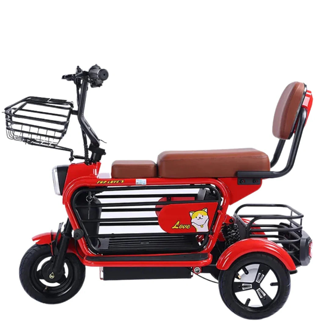 Red electric tricycle with brown seat and basket on a white background