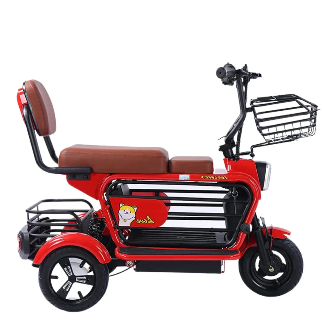 Red electric tricycle with a brown seat and basket on a white background