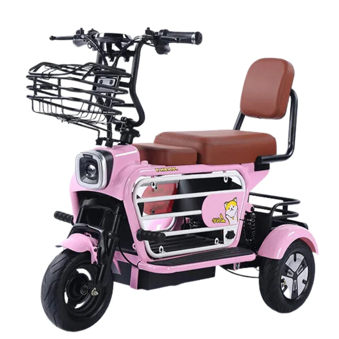 Pink tricycle with brown seat and basket on a white background