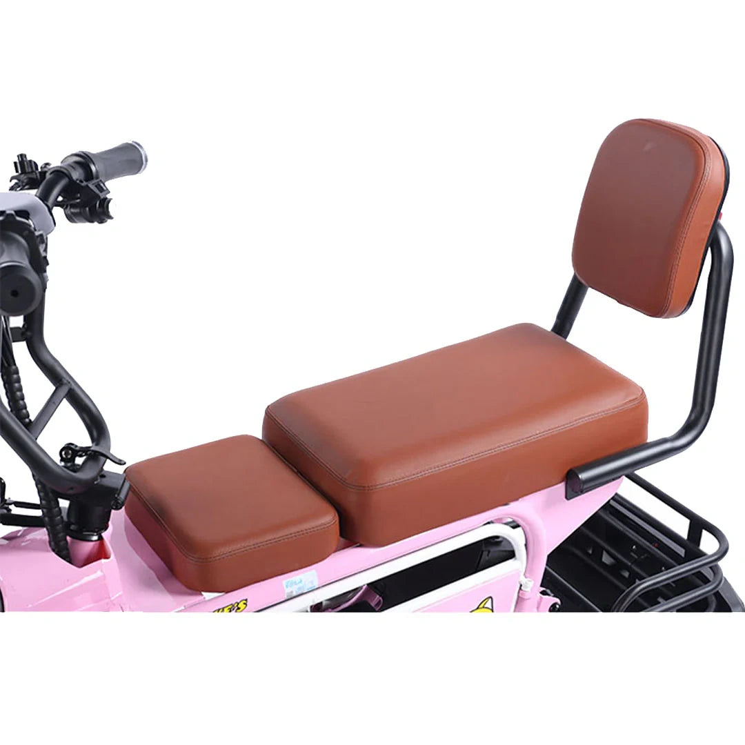Brown seat and backrest on a pink vehicle with a white background