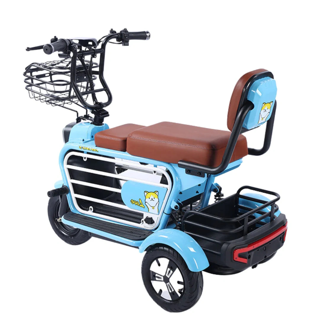 Blue electric scooter with brown seat and basket on a white background