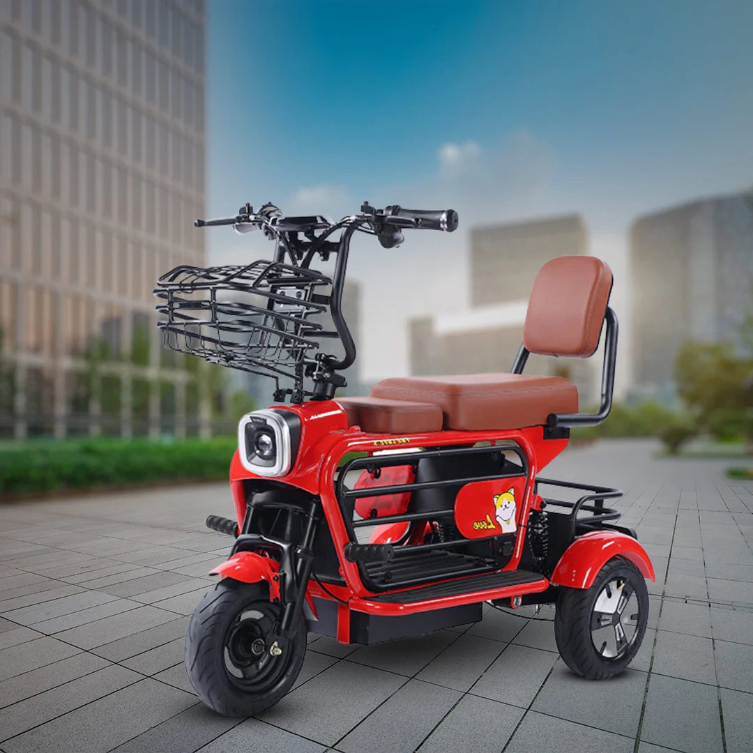 Red electric tricycle with a brown seat on a city street