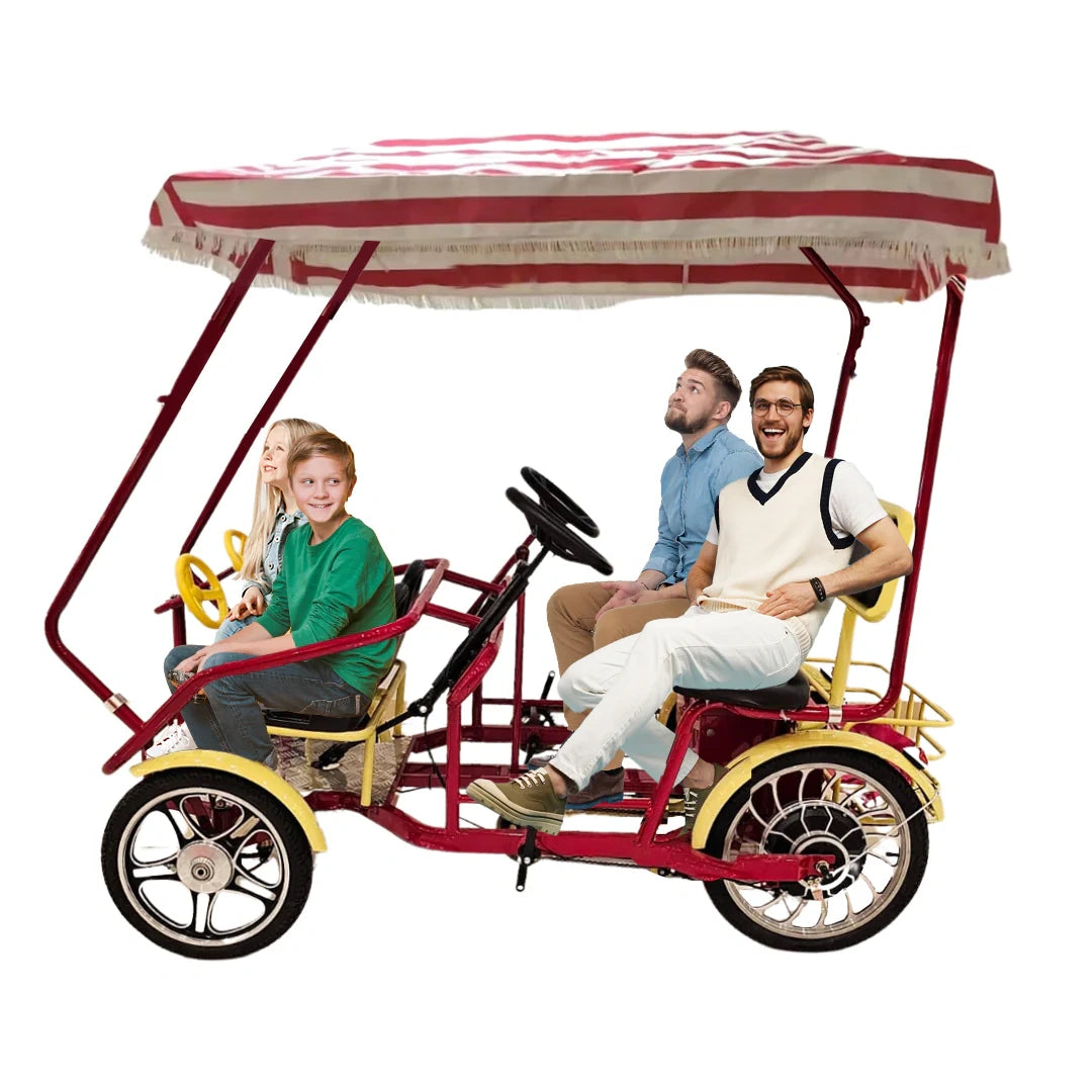 Red and gold bicycle taxi with four passengers on a white background