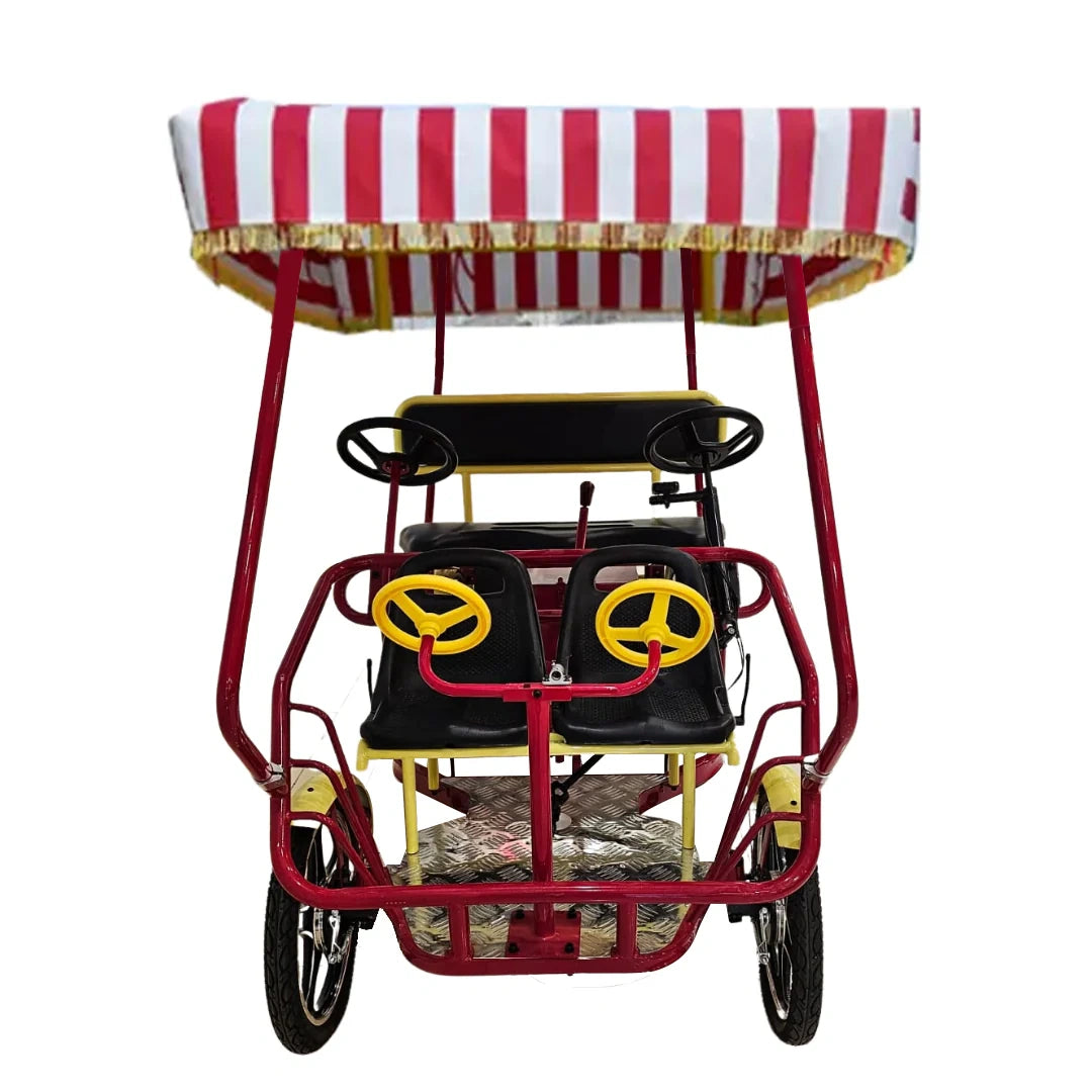 Red and black rickshaw with striped canopy on a white background