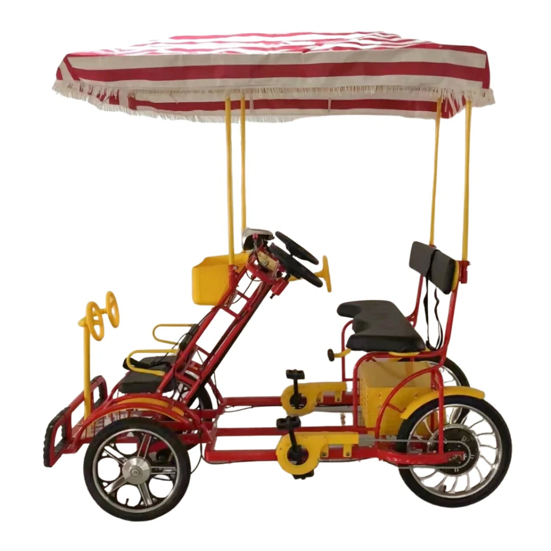 Red and yellow pedal car with a striped canopy on a white background