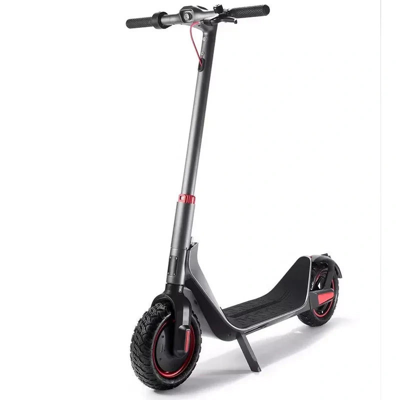 Black electric scooter with red accents on a white background