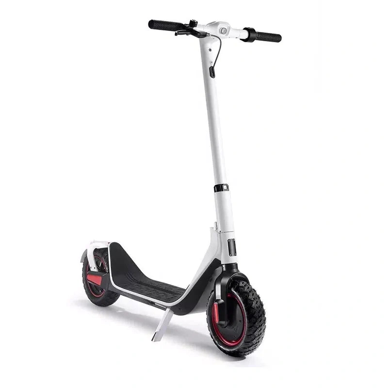 White electric scooter with black wheels on a white background