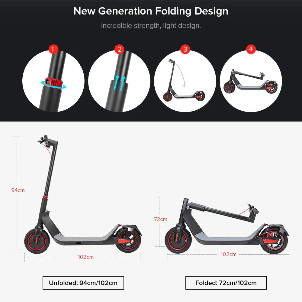 Electric scooter with folding design, strength, and light design features.