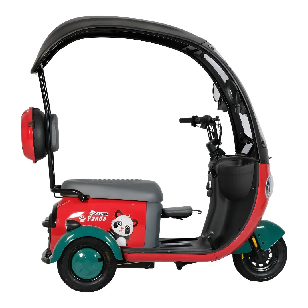 Red and black scooter with panda design on a white background