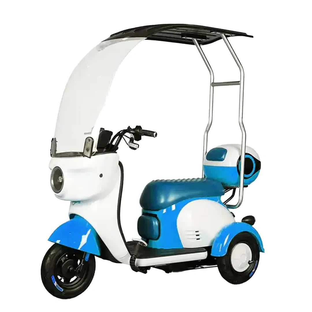 Blue and white three-wheeled motor scooter with canopy on a white background