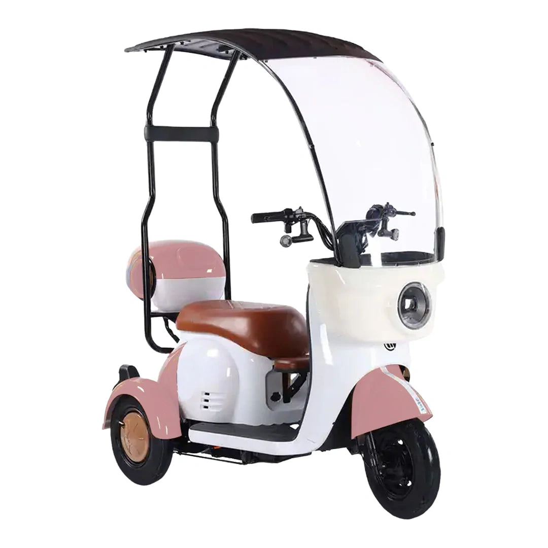 Three-wheeled electric vehicle with a white and pink design on a white background