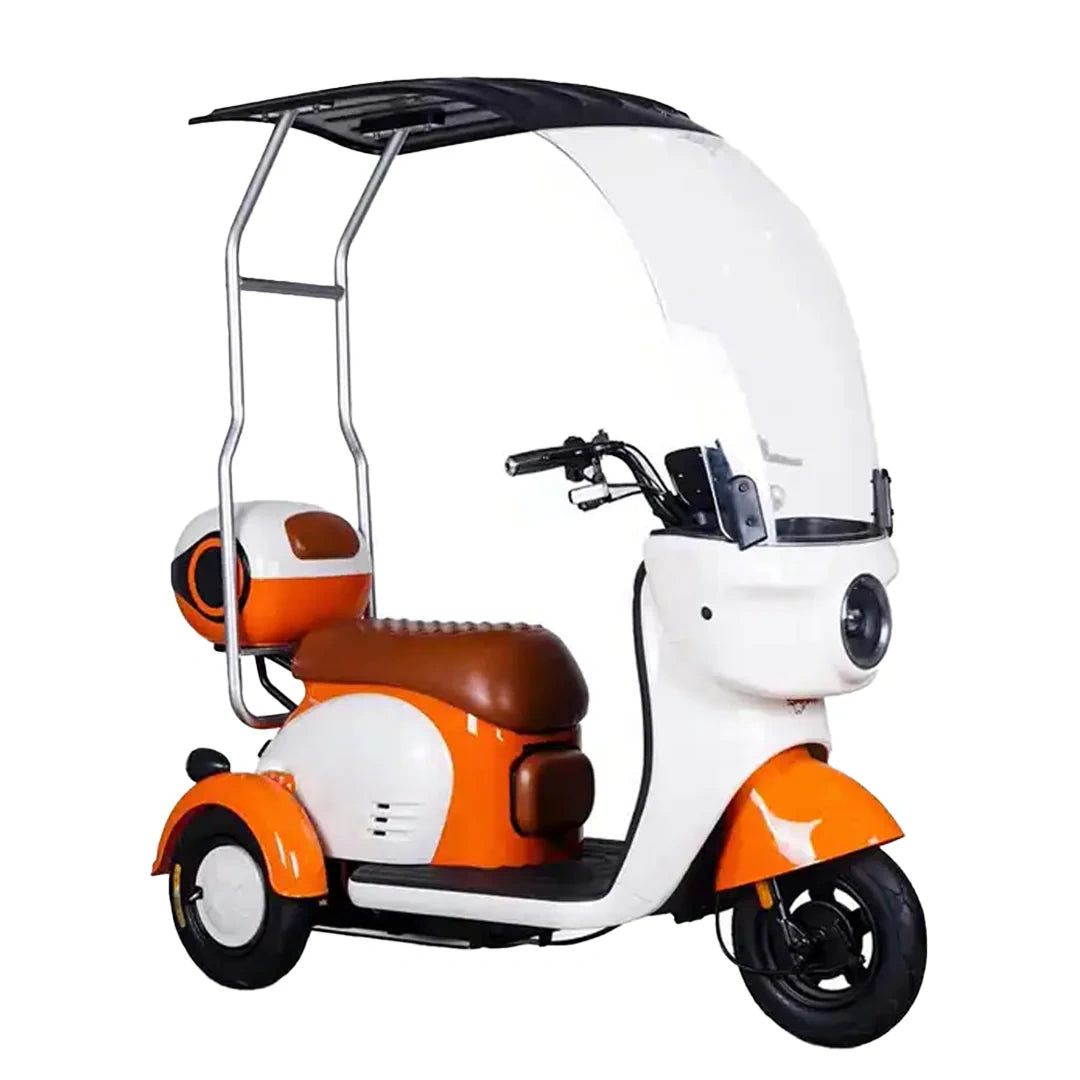 Orange and white scooter with a canopy on a white background