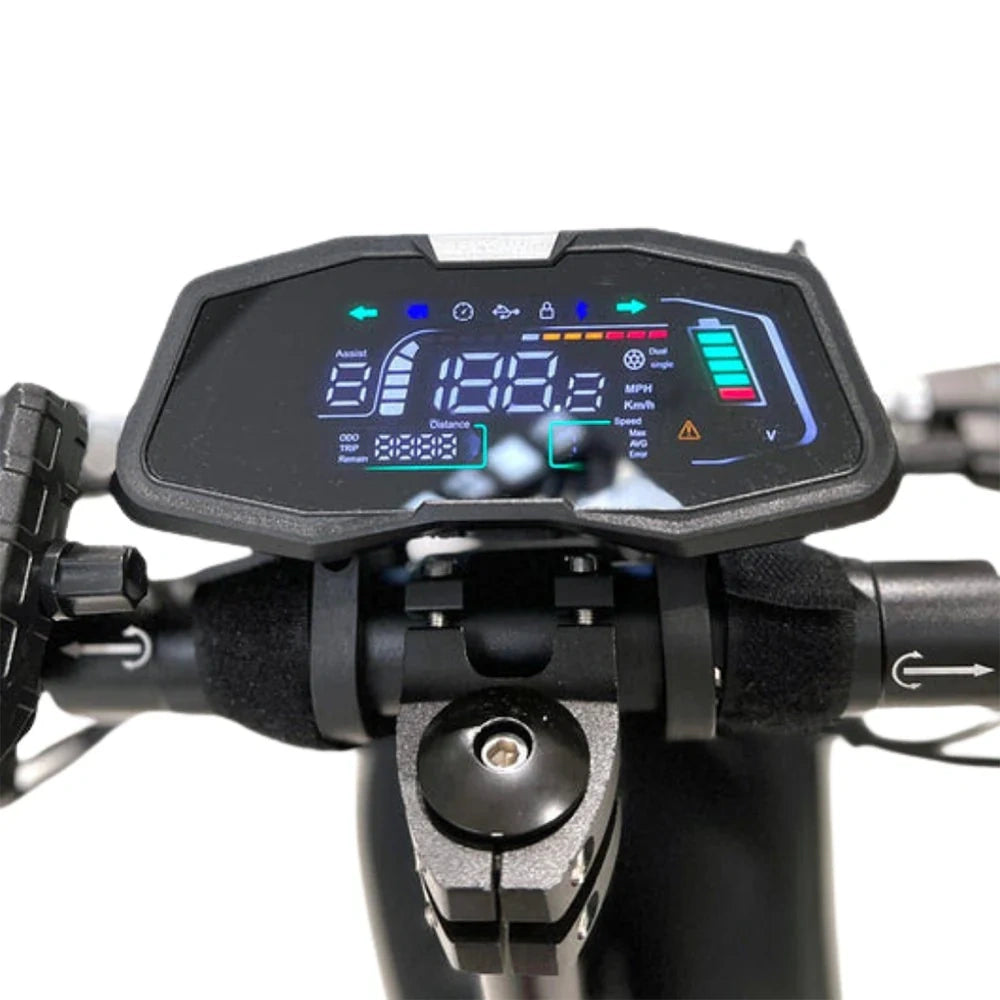 Digital display on a scooter handlebar with various indicators.