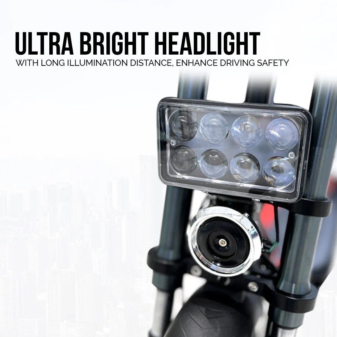 Motorcycle ultra bright headlight with text on a white background