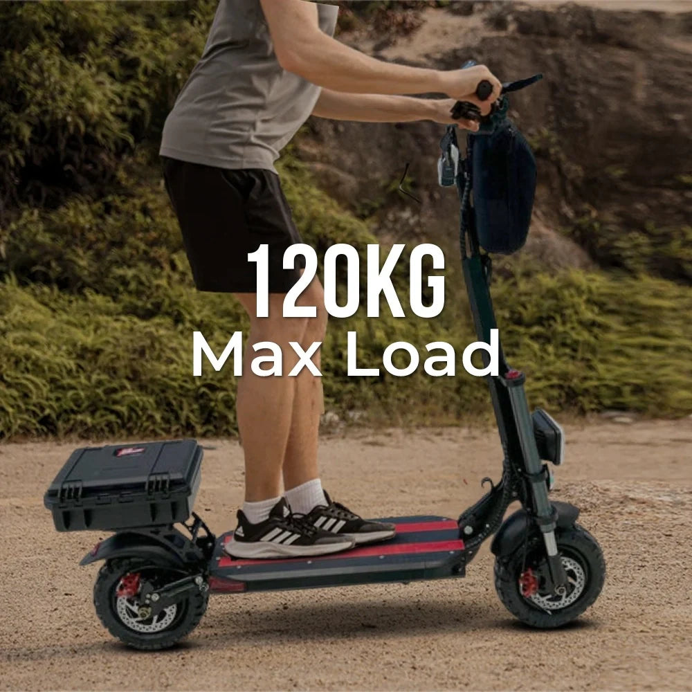Person riding an electric scooter with a max load capacity of 120KG displayed on a natural background.