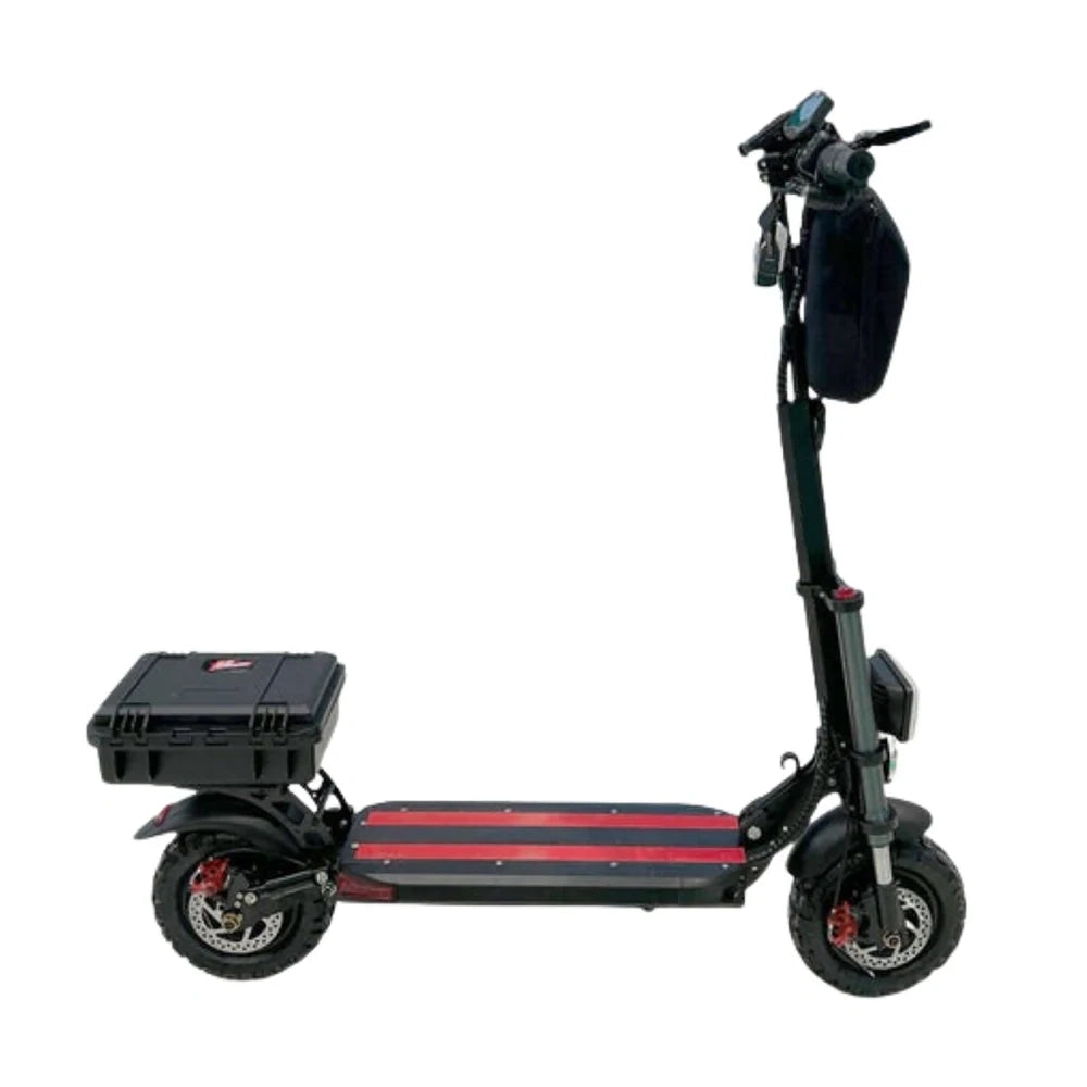 Black and red electric scooter with a storage box on a white background