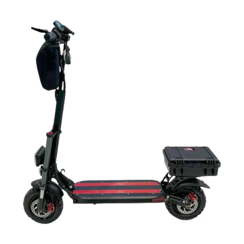 Black and red electric scooter with a storage box on a white background