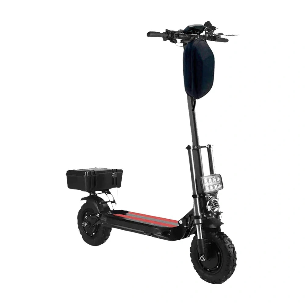 Black electric scooter with a basket on a white background