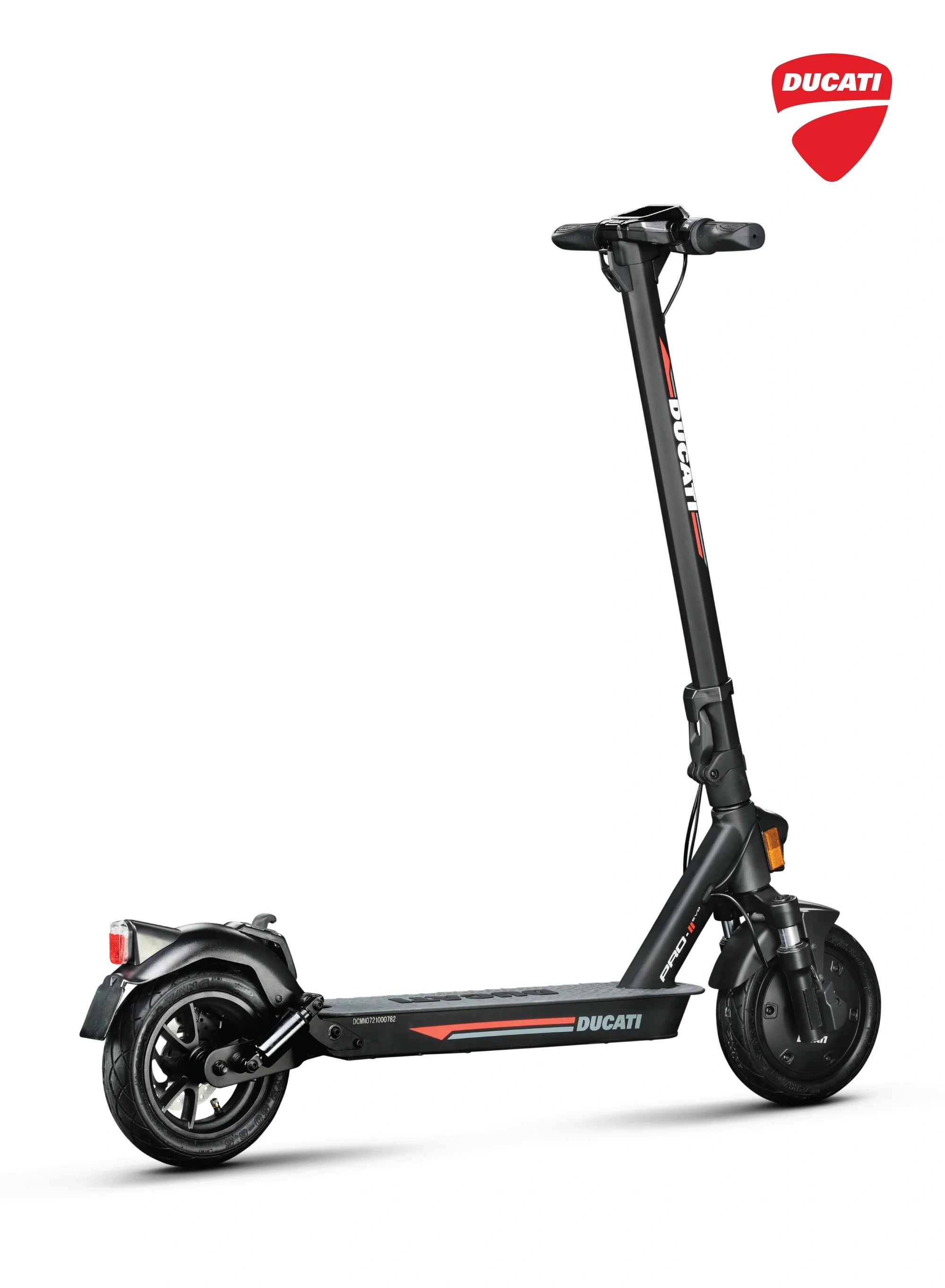 Black electric scooter with Ducati logo on a white background