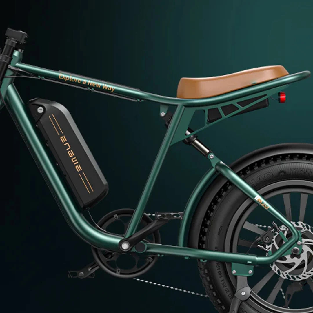 Green electric bike with a brown seat on a dark green background