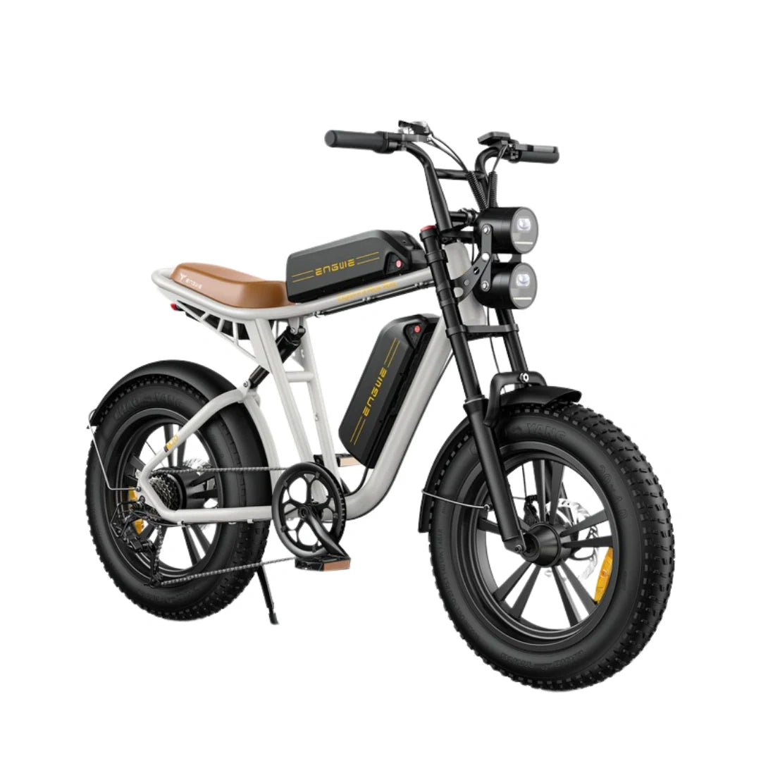 Electric bike with a white frame and black wheels on a white background