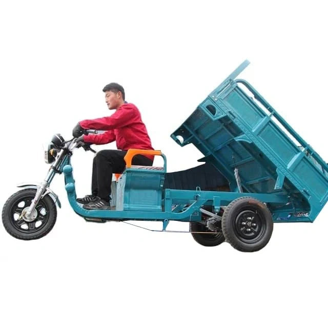 Person riding a blue electric tricycle with a cargo bed on a white background