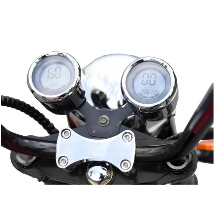 Motorcycle handlebar with digital gauges on a white background