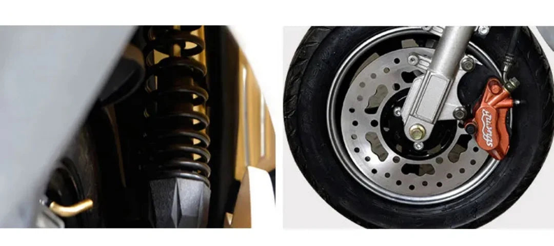 Close-up of motorcycle suspension and wheel with brake on a white background