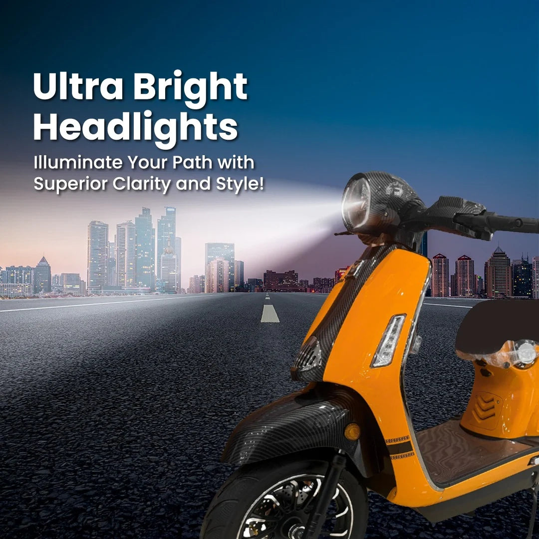 Orange scooter with ultra bright headlights on a road with city skyline in the background