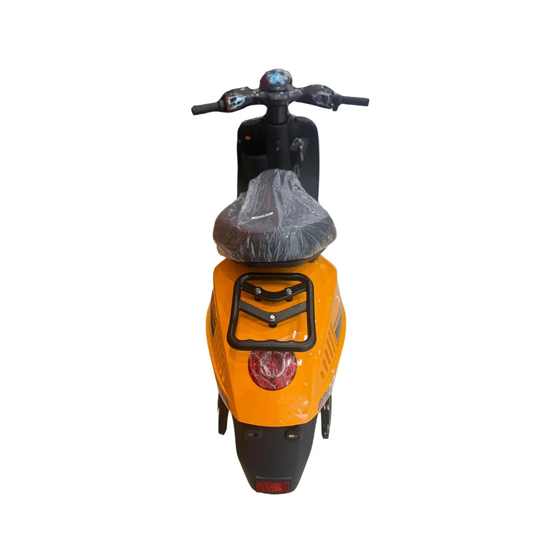 Orange scooter with a plastic bag on a white background