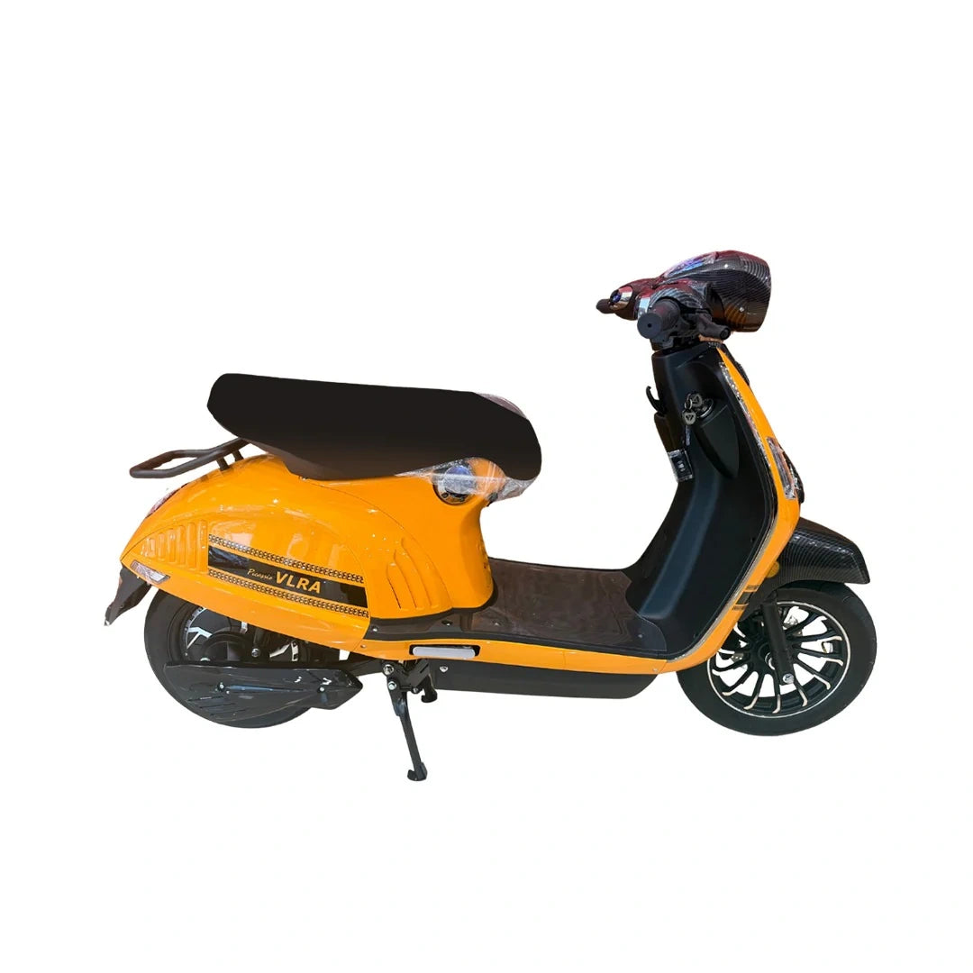 Orange scooter with black seat on a white background