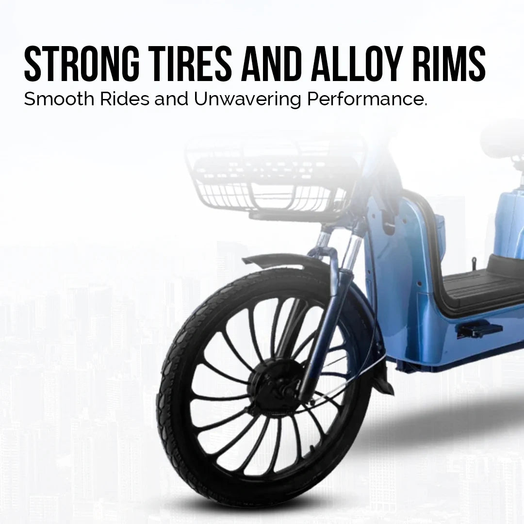 Blue electric scooter with strong tires and alloy rims on a white background