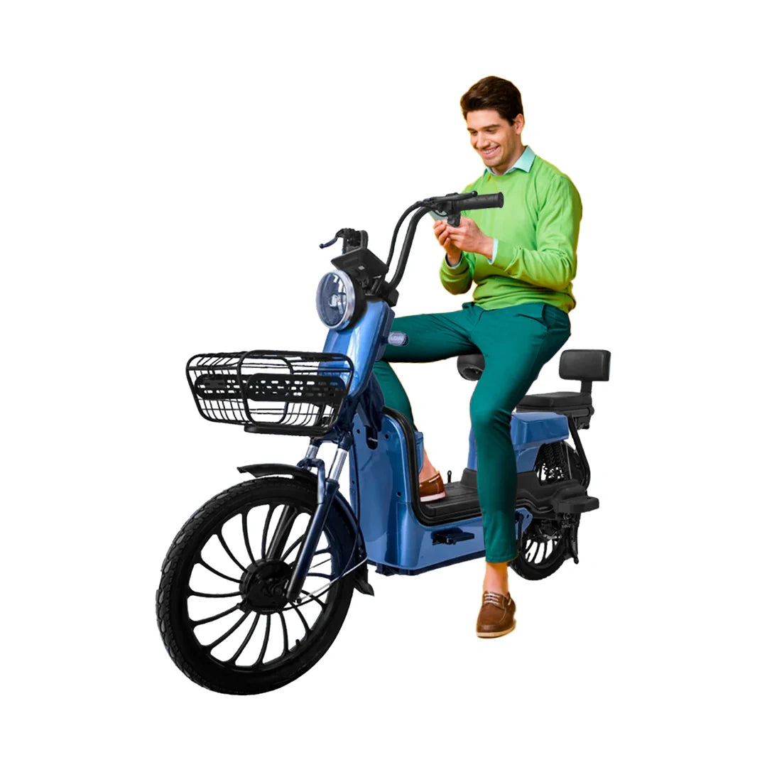 Man sitting on a blue electric bike with a basket on a white background